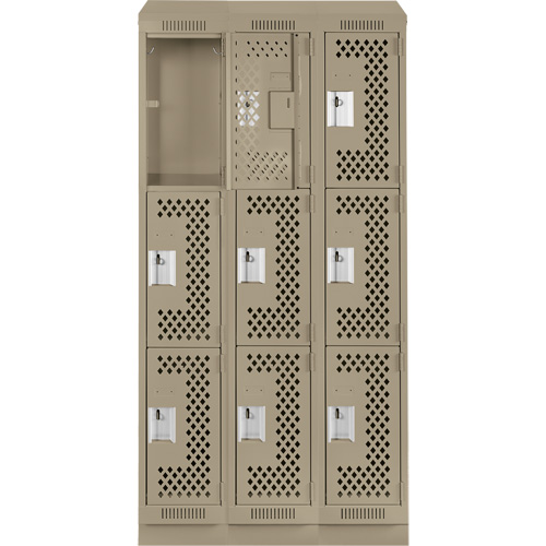 Clean Line Lockers, 3 -tier, Bank of 3, 36" x 15" x 82", Steel, Beige, Rivet (Assembled), Perforated Superchem Industries