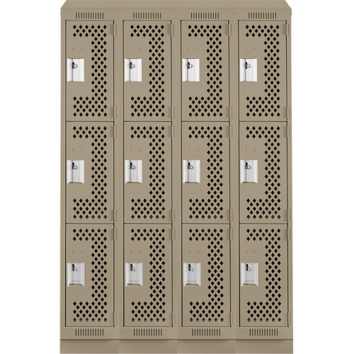 Clean Line Lockers, 3 -tier, Bank of 4, 48" x 15" x 82", Steel, Beige, Rivet (Assembled), Perforated Superchem Industries