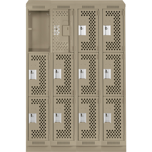 Clean Line Lockers, 3 -tier, Bank of 4, 48" x 15" x 82", Steel, Beige, Rivet (Assembled), Perforated Superchem Industries