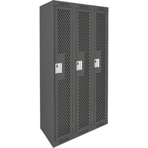 Clean Line Lockers, Bank of 3, 36" x 15" x 72", Steel, Charcoal, Rivet (Assembled), Perforated Superchem Industries