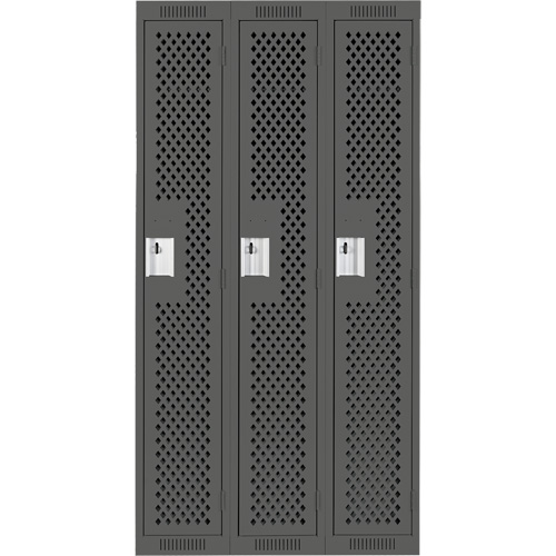 Clean Line Lockers, Bank of 3, 36" x 15" x 72", Steel, Charcoal, Rivet (Assembled), Perforated Superchem Industries