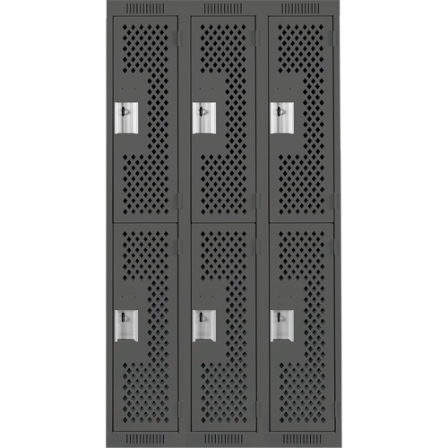Clean Line Lockers, 2 -tier, Bank of 3, 36" x 12" x 72", Steel, Charcoal, Rivet (Assembled), Perforated Superchem Industries