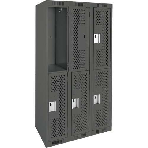 Clean Line Lockers, 2 -tier, Bank of 3, 36" x 12" x 72", Steel, Charcoal, Rivet (Assembled), Perforated Superchem Industries