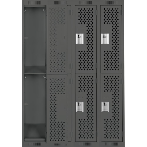Clean Line Lockers, 2 -tier, Bank of 4, 48" x 15" x 72", Steel, Charcoal, Rivet (Assembled), Perforated Superchem Industries