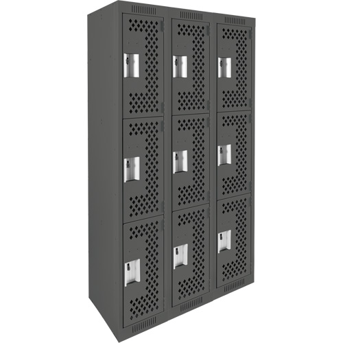 Clean Line Lockers, 3 -tier, Bank of 3, 36" x 12" x 72", Steel, Charcoal, Rivet (Assembled), Perforated Superchem Industries