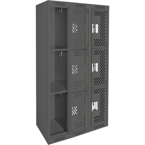 Clean Line Lockers, 3 -tier, Bank of 3, 36" x 12" x 72", Steel, Charcoal, Rivet (Assembled), Perforated Superchem Industries