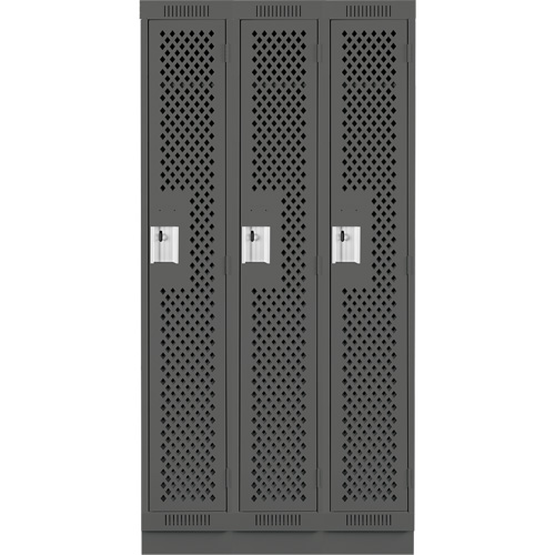 Clean Line Lockers, Bank of 3, 36" x 18" x 76", Steel, Charcoal, Rivet (Assembled), Perforated Superchem Industries