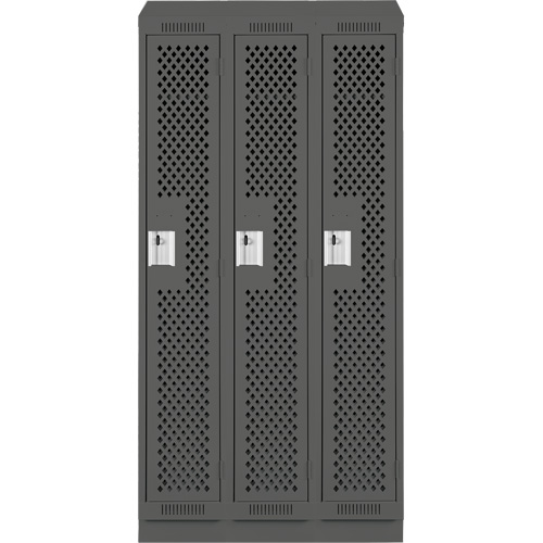 Clean Line Lockers, Bank of 3, 36" x 18" x 82", Steel, Charcoal, Rivet (Assembled), Perforated Superchem Industries