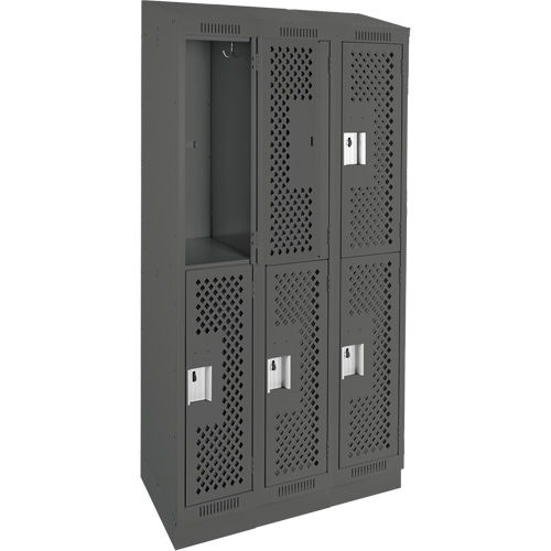 Clean Line Lockers, 2 -tier, Bank of 3, 36" x 12" x 82", Steel, Charcoal, Rivet (Assembled), Perforated Superchem Industries
