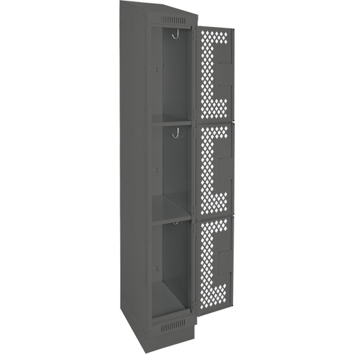 Clean Line Lockers, 3 -tier, 12" x 18" x 82", Steel, Charcoal, Rivet (Assembled), Perforated Superchem Industries