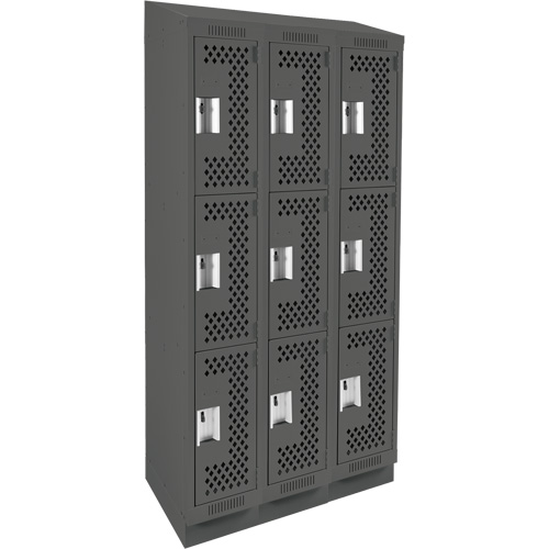 Clean Line Lockers, 3 -tier, Bank of 3, 36" x 15" x 82", Steel, Charcoal, Rivet (Assembled), Perforated Superchem Industries