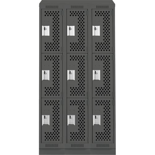 Clean Line Lockers, 3 -tier, Bank of 3, 36" x 15" x 82", Steel, Charcoal, Rivet (Assembled), Perforated Superchem Industries