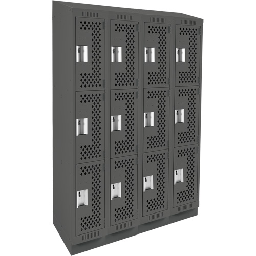 Clean Line Lockers, 3 -tier, Bank of 4, 48" x 15" x 82", Steel, Charcoal, Rivet (Assembled), Perforated Superchem Industries