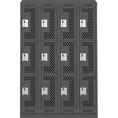 Clean Line Lockers, 3 -tier, Bank of 4, 48" x 15" x 82", Steel, Charcoal, Rivet (Assembled), Perforated Superchem Industries