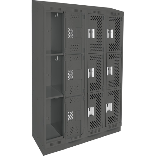Clean Line Lockers, 3 -tier, Bank of 4, 48" x 15" x 82", Steel, Charcoal, Rivet (Assembled), Perforated Superchem Industries