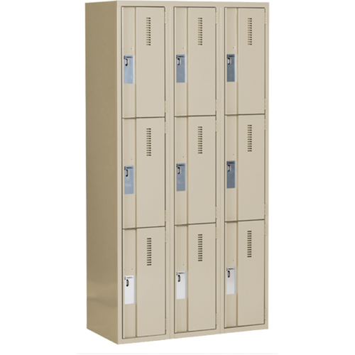 Concorde Heavy-Duty Lockers, 3 -tier, Bank of 3, 36" x 18" x 72", Steel, Beige, Welded (Assembled) Superchem Industries