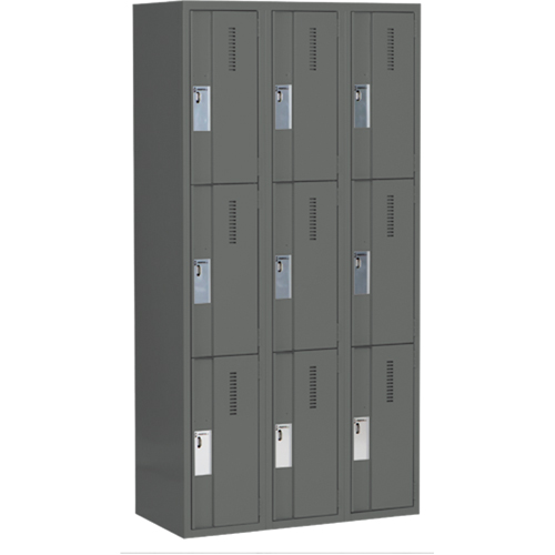 Concorde Heavy-Duty Lockers, 3 -tier, Bank of 3, 36" x 18" x 72", Steel, Charcoal, Welded (Assembled) Superchem Industries