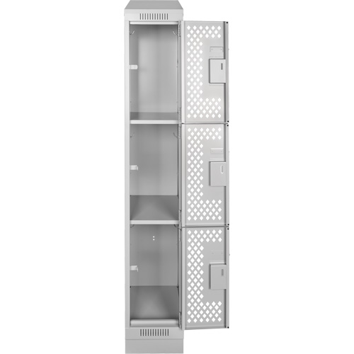 Clean Line Lockers, 3 -tier, 12" x 12" x 72", Steel, Grey, Rivet (Assembled), Perforated Superchem Industries