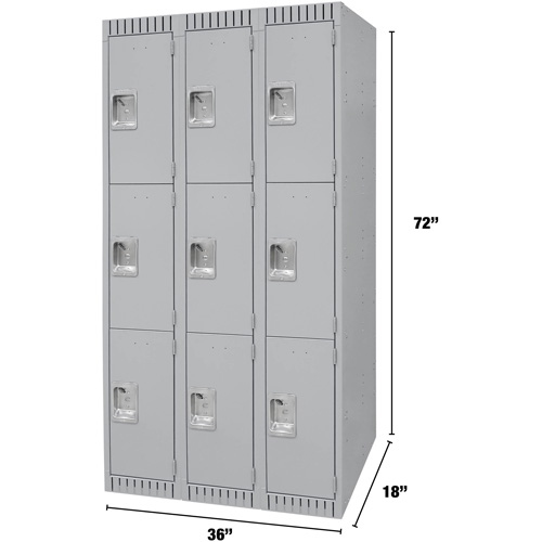 Lockers, 3 -tier, Bank of 3, 36" x 18" x 72", Steel, Grey, Knocked Down Superchem Industries