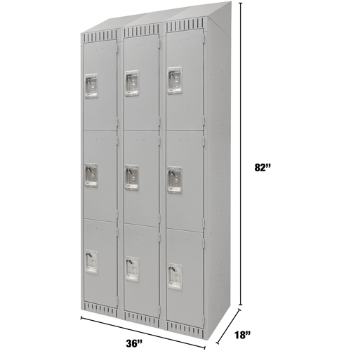 Lockers, 3 -tier, Bank of 3, 36" x 18" x 82", Steel, Grey, Knocked Down Superchem Industries