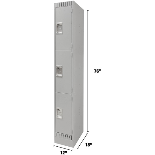 Lockers, 3 -tier, 12" x 18" x 76", Steel, Grey, Knocked Down Superchem Industries