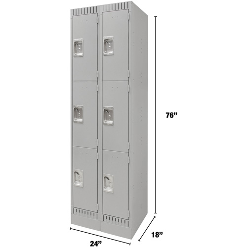 Lockers, 3 -tier, Bank of 2, 24" x 18" x 76", Steel, Grey, Knocked Down Superchem Industries