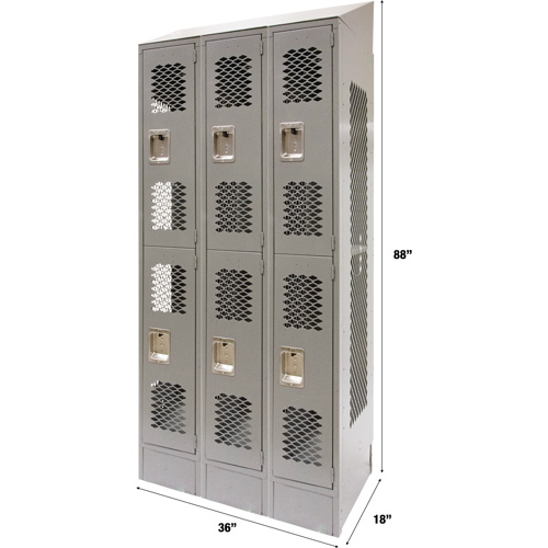Casiers ventil&eacute;s, 2 niveaux, Bloc de 3, 36 x 18" x 88", Acier, Gris, D&eacute;mont&eacute;, Perfor&eacute; Superchem Industries