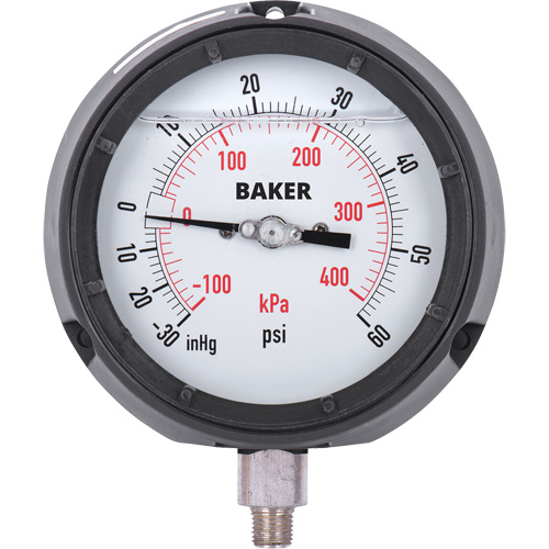 Pressure Gauge, 4-1/2" , 30"-0-60 psi, Bottom Mount, Liquid Filled Analogue Superchem Industries
