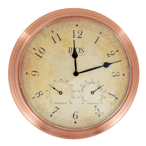 3-in-1 Outdoor Clock, Analog, Battery Operated, 14" Dia., Brown Superchem Industries