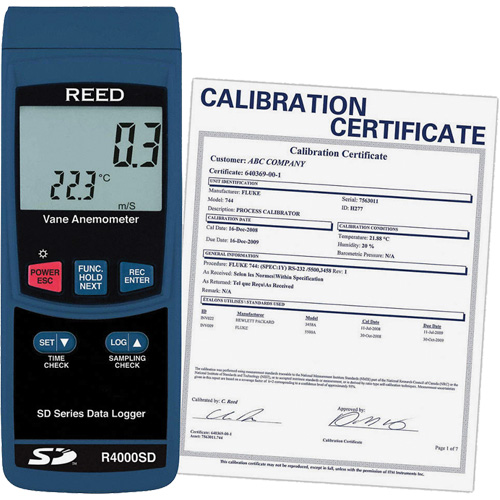 Thermo-an&eacute;mom&egrave;tre avec certificat de calibration, Enregistrement des donn&eacute;es, Gamme de v&eacute;locit&eacute; d'air de 0,4 - 30 m/sec Superchem Industries