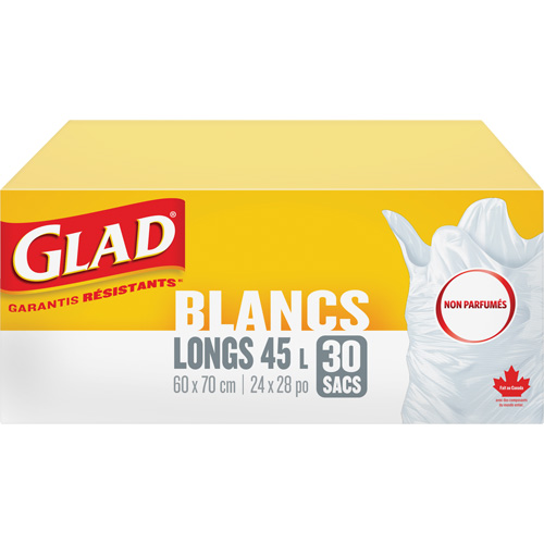 Tall 45L Unscented Garbage Bags, Regular, 24" W x 28" L, White Superchem Industries