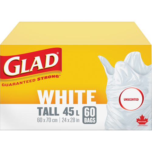 Tall 45L Unscented Garbage Bags, Regular, 24" W x 28" L, White Superchem Industries