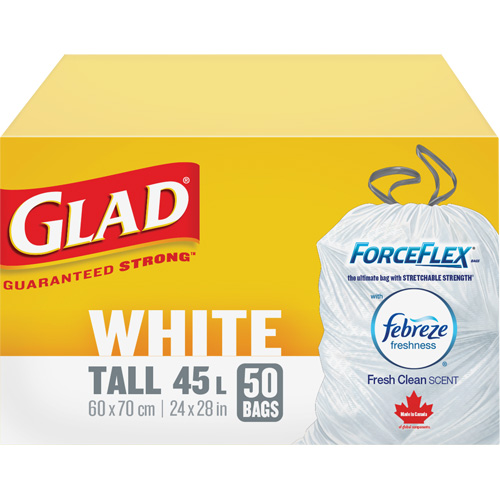 Sacs &agrave; ordures hauts 45 L avec Febreze, R&eacute;gulier, 24" la x 28" lo, Blanc Superchem Industries