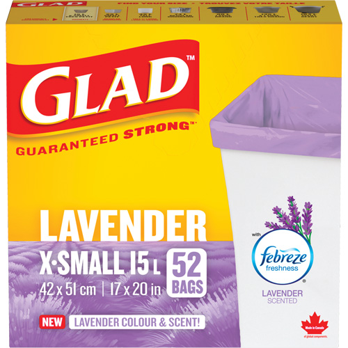 Sacs parfum&eacute;s et de couleur lavande de Glad, Fort, 17" la x 20" lo, Mauve, Capacit&eacute; 15 L (3,96 gal) Superchem Industries