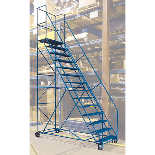 CSA-Certified Rolling Step Ladder with Locking Step, 14 Steps, 30" Step Width, 128" Platform Height, Steel Superchem Industries