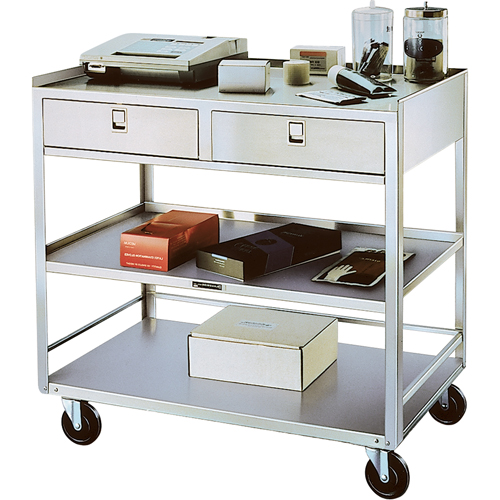 Stainless Steel Equipment Stands, 300 lbs. Capacity, Stainless Steel, 20"/20-1/8" x W, 35" x H, 37"/36-3/8" D, Knocked Down, 2 Drawers Superchem Industries