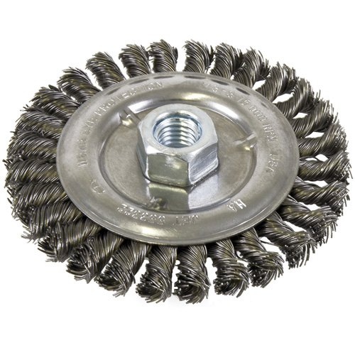 Brosse filet&eacute;e &agrave; fils nou&eacute;s et face standard, Dia. 5", Fils 0,022", Arbre 5/8"-11, Acier Superchem Industries