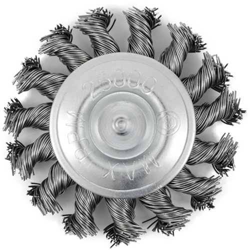 Shaft Mounted Knot Twisted Radial Brush, 3" Dia., 0.02" Fill, 1/4" Arbor, Stainless Steel Superchem Industries