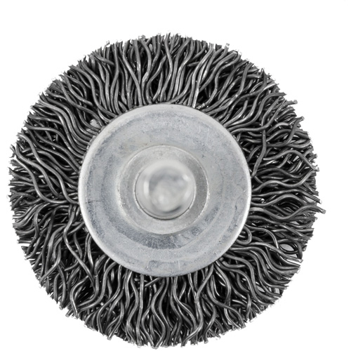 Brosse radiale &agrave; fils cr&ecirc;p&eacute;s mont&eacute; sur mandrin 126, 1-1/2", Fils 0,02", Tige 1/4" Superchem Industries