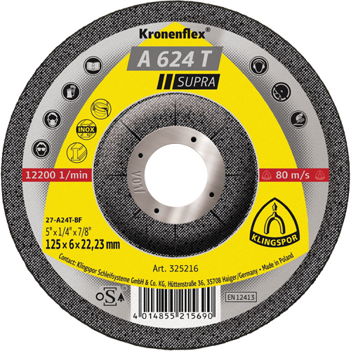 Disque de meulage A 624 T Supra Kronenflex, 5" x 1/4", Arbre 7/8" Superchem Industries