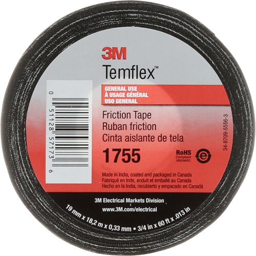 Temflex Cotton Friction Tape 1755, 19 mm (3/4") x 18.28 m (60'), Black Superchem Industries