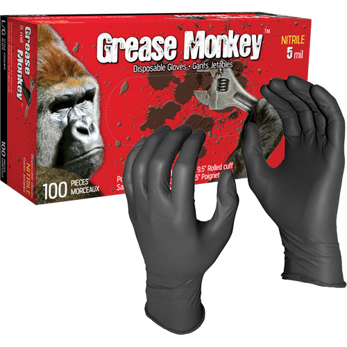 Gants jetables Grease Monkey, Grand, Nitrile, 5 mils, Sans poudre, Noir Superchem Industries