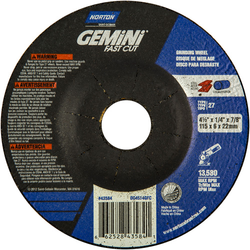 Grinding Wheel, 4-1/2" x 1/4", 7/8" Arbor, Aluminum Oxide, Type 27 Superchem Industries