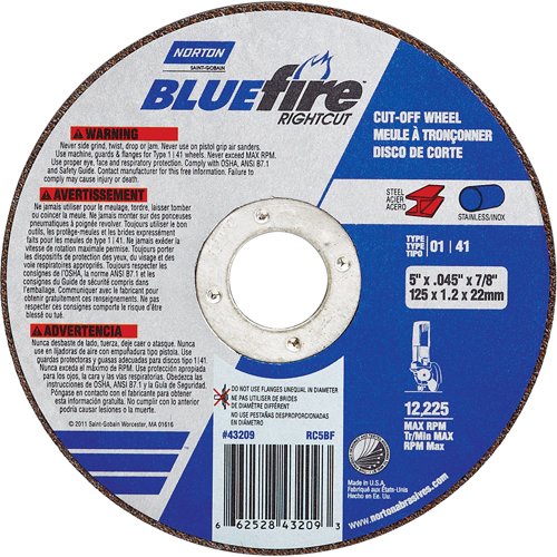 BlueFire&reg; Cut-off Wheel, 4-1/2" x 0.045"/1/16", 7/8" Arbor, Type 01/41, Aluminum Oxide/Zirconium, 13580 RPM Superchem Industries