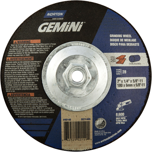 Gemini&reg; Saucer Wheel, 7" x 1/4", 5/8"-11 Arbor, Aluminum Oxide, Type 28 Superchem Industries