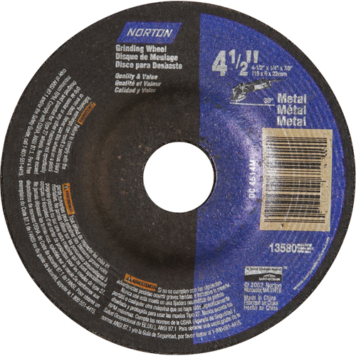Depressed Centre Metal Grinding Wheels, 4-1/2" x 1/4", 7/8" Arbor, Aluminum Oxide, Type 27 Superchem Industries