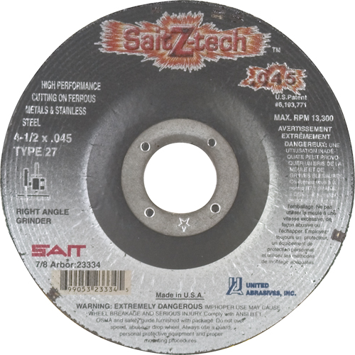 Disque de coupe Z-Tech, 4-1/2" x 0,045", Arbre de 7/8", Type 27, Zirconium, 13 300 Tr/min Superchem Industries