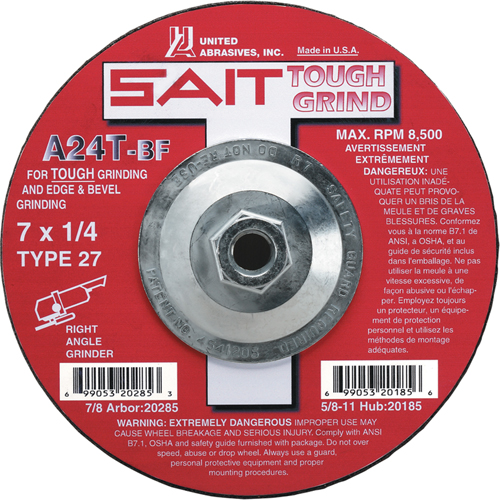 A24T Tough Grind Grinding Wheel, 4-1/2" x 1/4", 7/8" Arbor, Aluminum Oxide, Type 27 Superchem Industries
