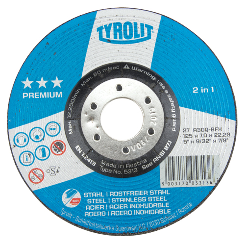 Premium 2-in-1 Grinding Wheel, 5" x 9/32", 7/8" Arbor, Type 27 Superchem Industries
