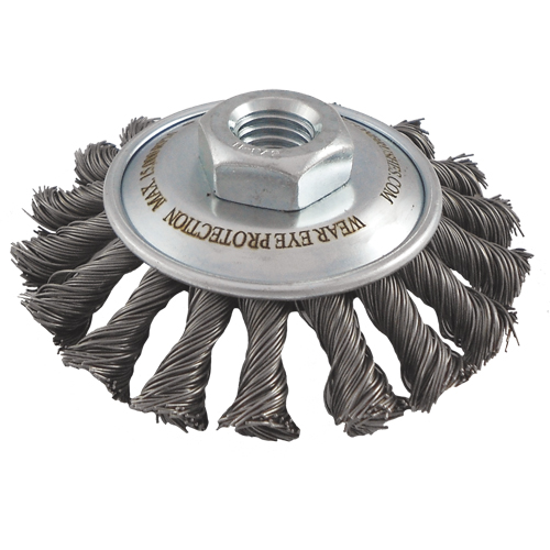 Knotted Wire Wheel Saucer Brushes, 4" Dia., 0.02" Fill, 5/8"-11 Arbor, Steel Superchem Industries